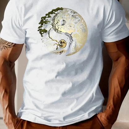 Men's Summer 100% Pure Cotton Casual Loose Sports T-Shirt Yin-Yang Tree Pattern Print round Neck Short-Sleeved Top