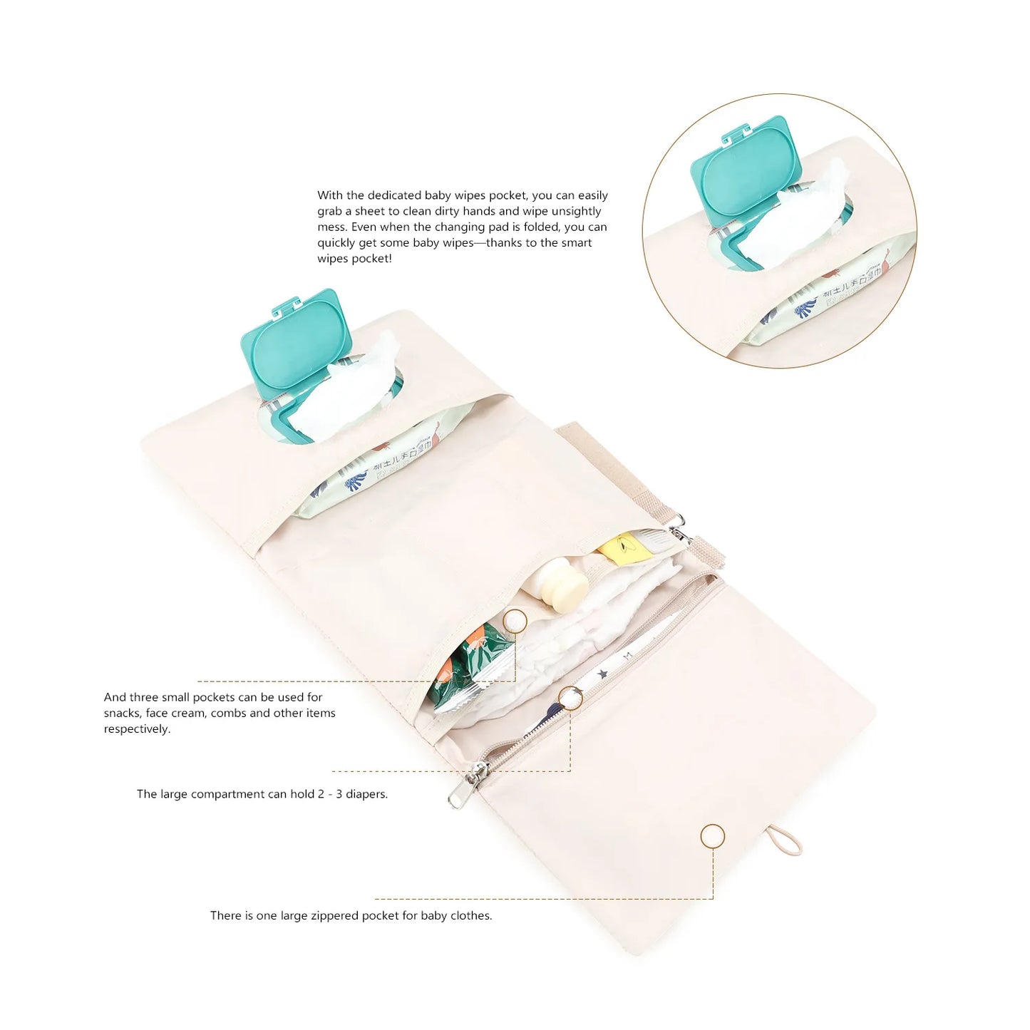 Foldable Hanging Diaper Organizer Bag - Multi-Compartment Essentials Storage Pouch with Wipe Holder & Diaper Pocket