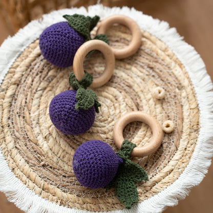 Wooden Baby Teether Cute Fruit Style Handmade Crochet Rattle Toys Newborn Soother Teething Chew Toys for Boys Girls Babies Gifts