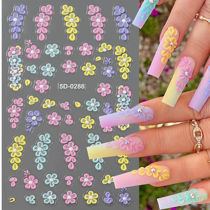 5D Pink Blue Floral Nail Art Stickers Petals Leaf Plant Embossed Nail Decals Spring Summer Flower Design for DIY Nail Supplies