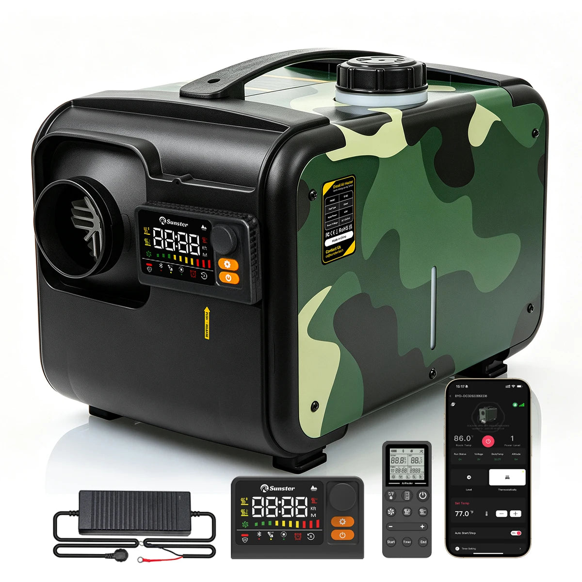 Sunster Portable Camo Diesel Air Heater 8KW with Handle 12/24V 110-240V All in One Smart Heater 35dB Quiet Fast Heat No Cold Air CO Monitor Kit for Motorhome Trailer Pickup Camping