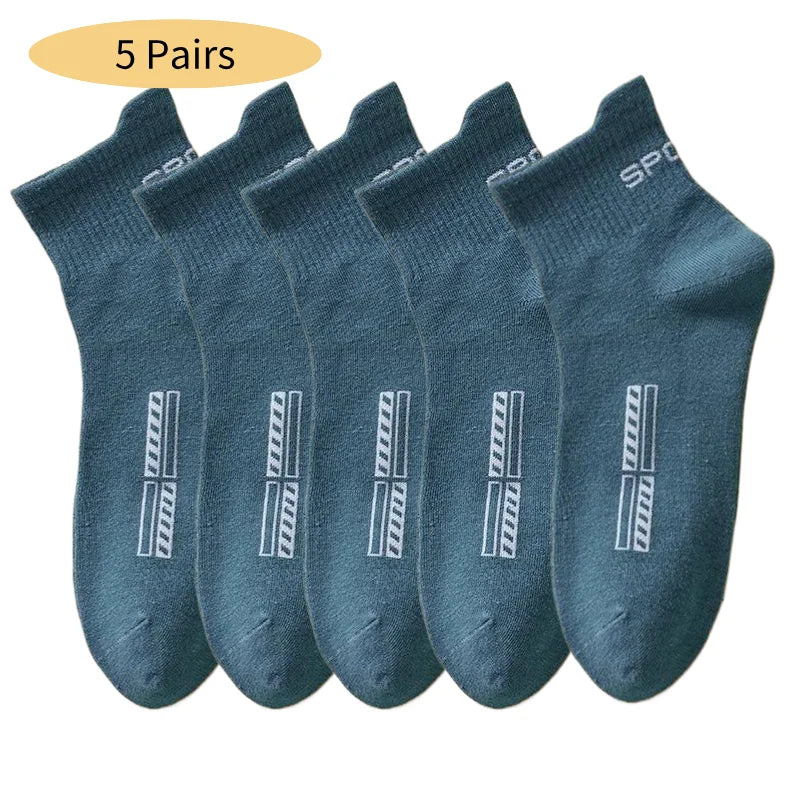 5 Pairs Cotton Sock for Men Sport Breathable Soft Letter Fashion Sneakers High Elastic Middle Tube Stocking Towel Sox Summer