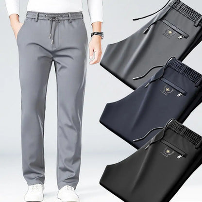 Men Casual Pants Loose Straight Drawstring Elastic Waist Business Pants Solid Color Breathable 2 Side Pockets Sports Trousers