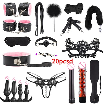 Erotic Sex Toys For Women Adults Games Nylon Bondage BDSM Kits Handcuffs Sex Whip Mouth Gag Rabbit Tail Anal Plug