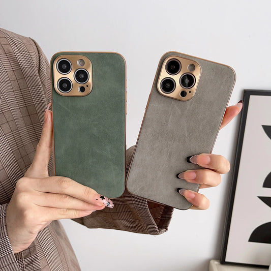 Leather Phone Case For Iphone 13 11 12 14 15 16 17 ProMax Plus Electroplated Frame Lambskin Phone Shell For IPHON 15 16 17Promax