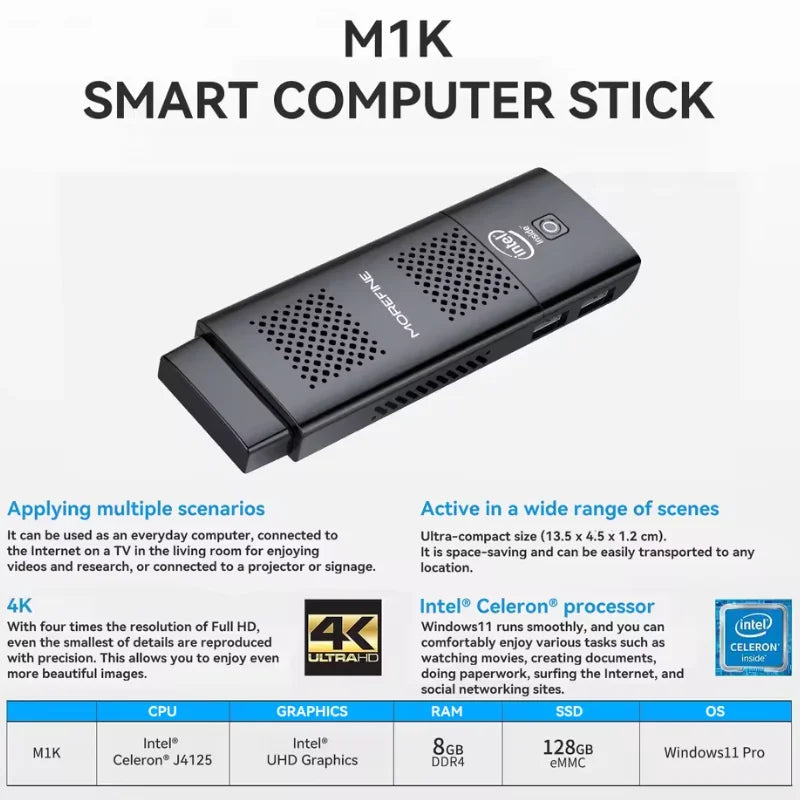 MOREFINE M1K Intel N5000 Pocket PC Win 11 LPDDR4 8GB 128GB/256GB SSD WIFI5 BT4.2 Intel UHD Graphics 4K HD Display Mini PC Stick