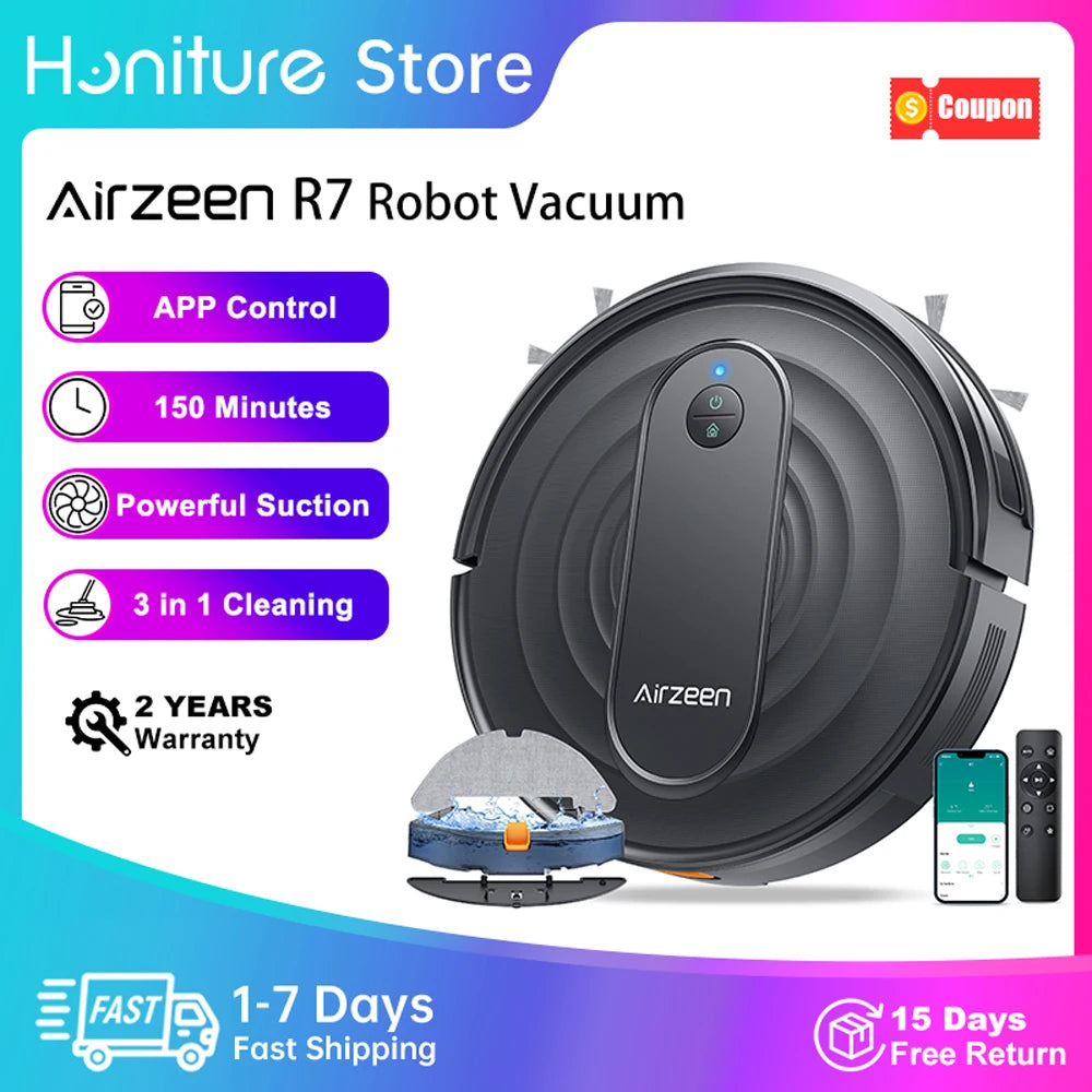 Airzeen R7 Robot Vacuum Mop 3-in-1 Cleaning 4000Pa Suction Smart App/Alexa Control Auto Self-Charging for Pet Hair & Floors