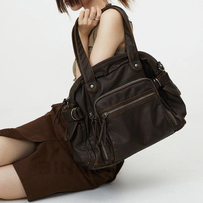 Retro tote bag motorcycle bag soft PU leather large capacity shoulder bag Y2K punk multi pocket crossbody bag