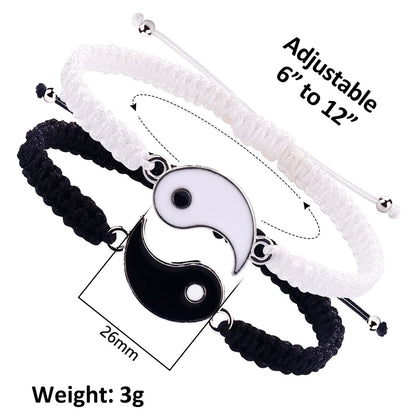 1 Set of 2 Simple Tai Chi Bagua Black and White Yin and Yang Rope Braided Telescopic Adjustment Bracelet for Men and Women Coupl