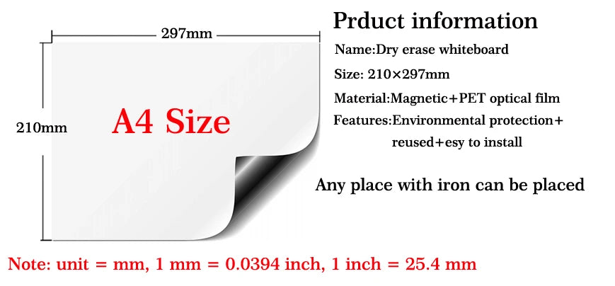 A4 Size Magnetic Whiteboard Vinyl Fridge Dry Erase White Board Refrigerator Magnet Note Flexible Remind Message Boards
