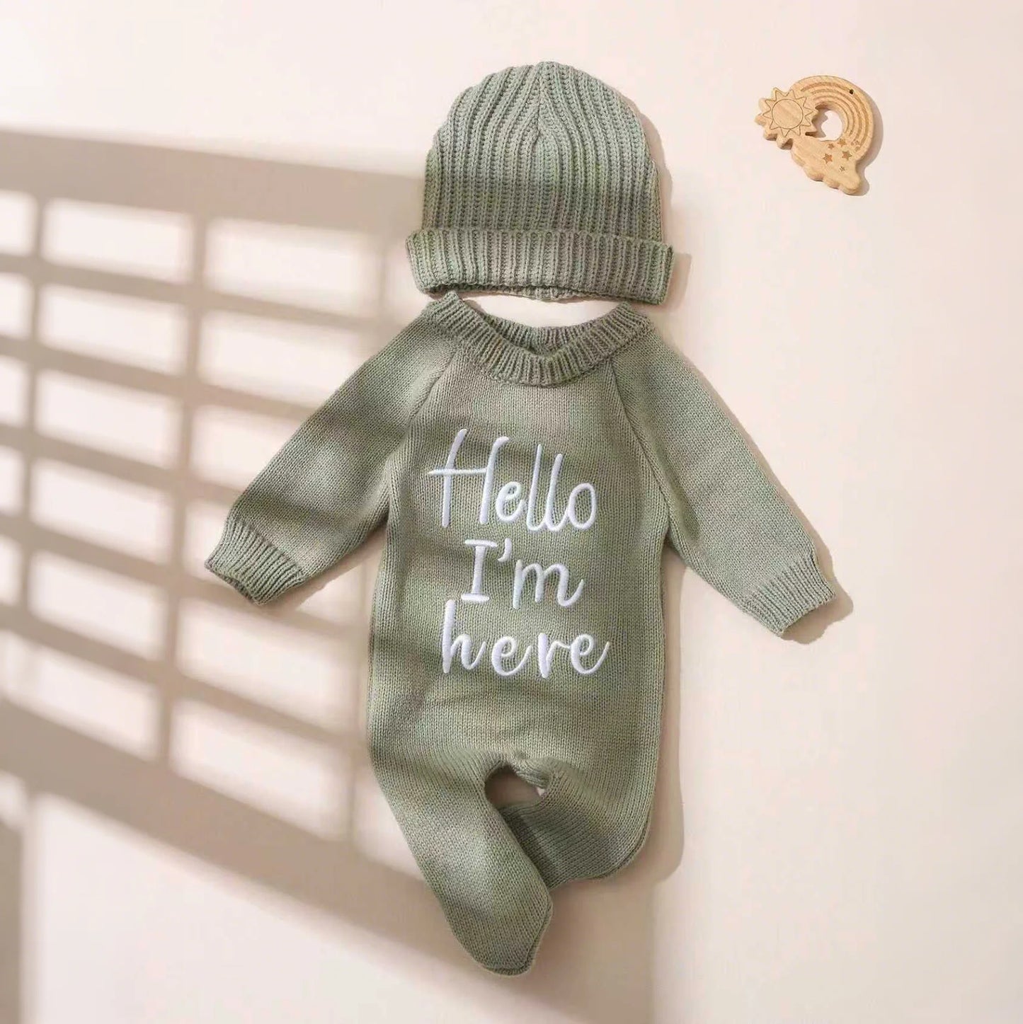 Ylsteed "Hello" Embroidery Knitting Newborn Birth Announcement Outfits Footed Jumpsuit Baby Boy Girl Photography Props Newborn