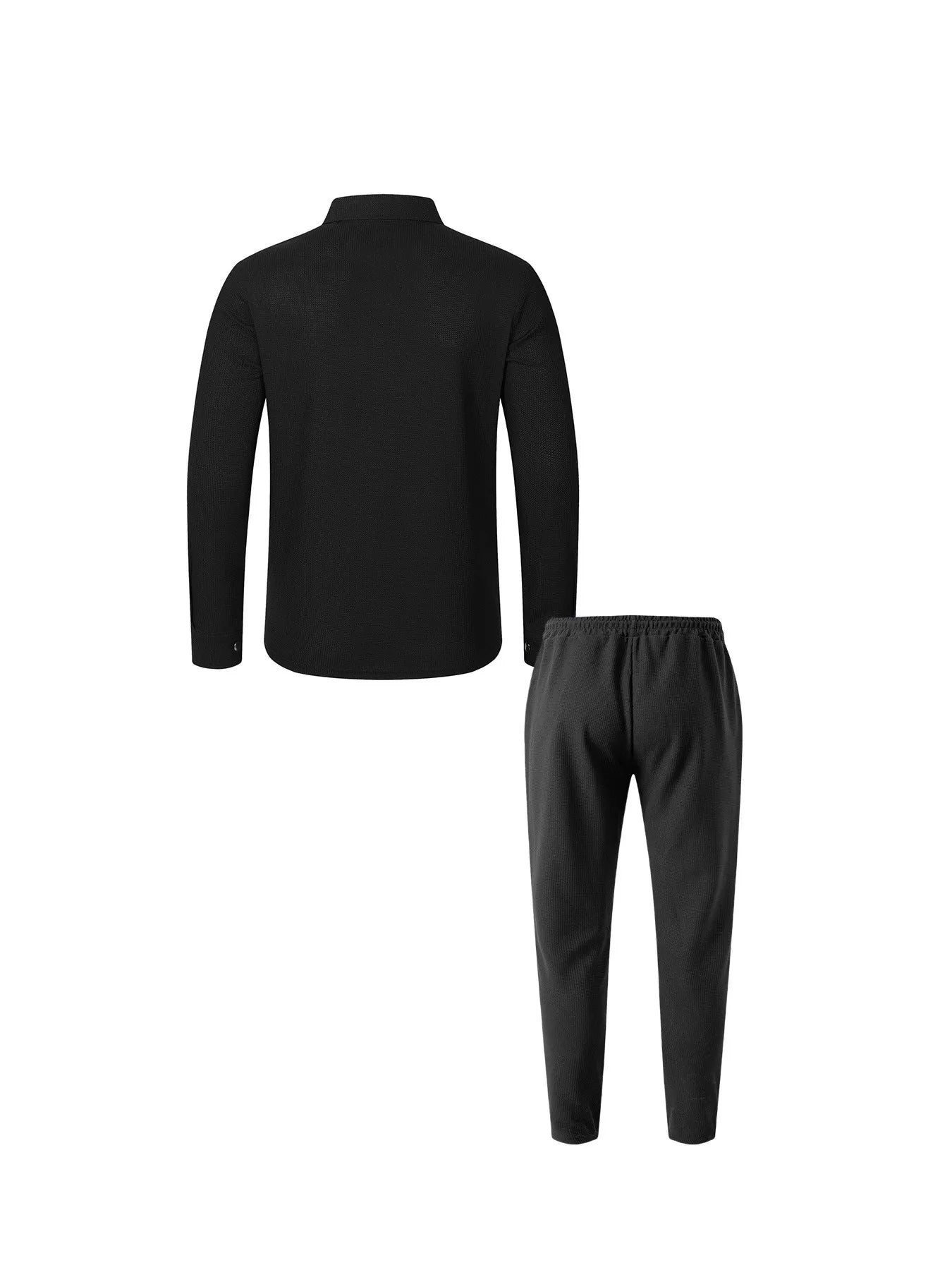 2026 Men's New Style Waffle Plain Color Collar Button-Down Pockets Long-Sleeved Pants Casual Jacket Set