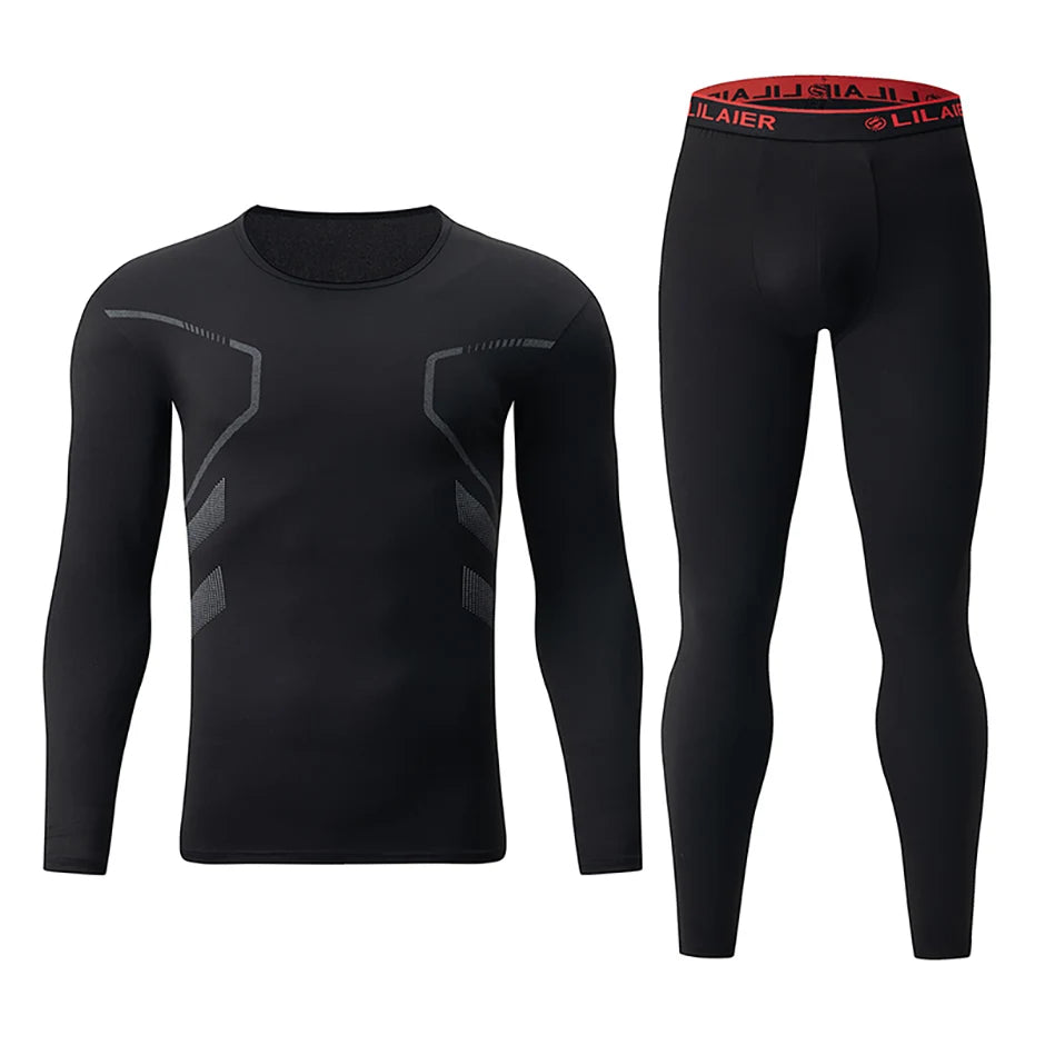 2-piece Men's Autumn And Winter Solid Color Round Neck Fashionable Printed Sports Thermal Underwear Set Simple And Comfortable