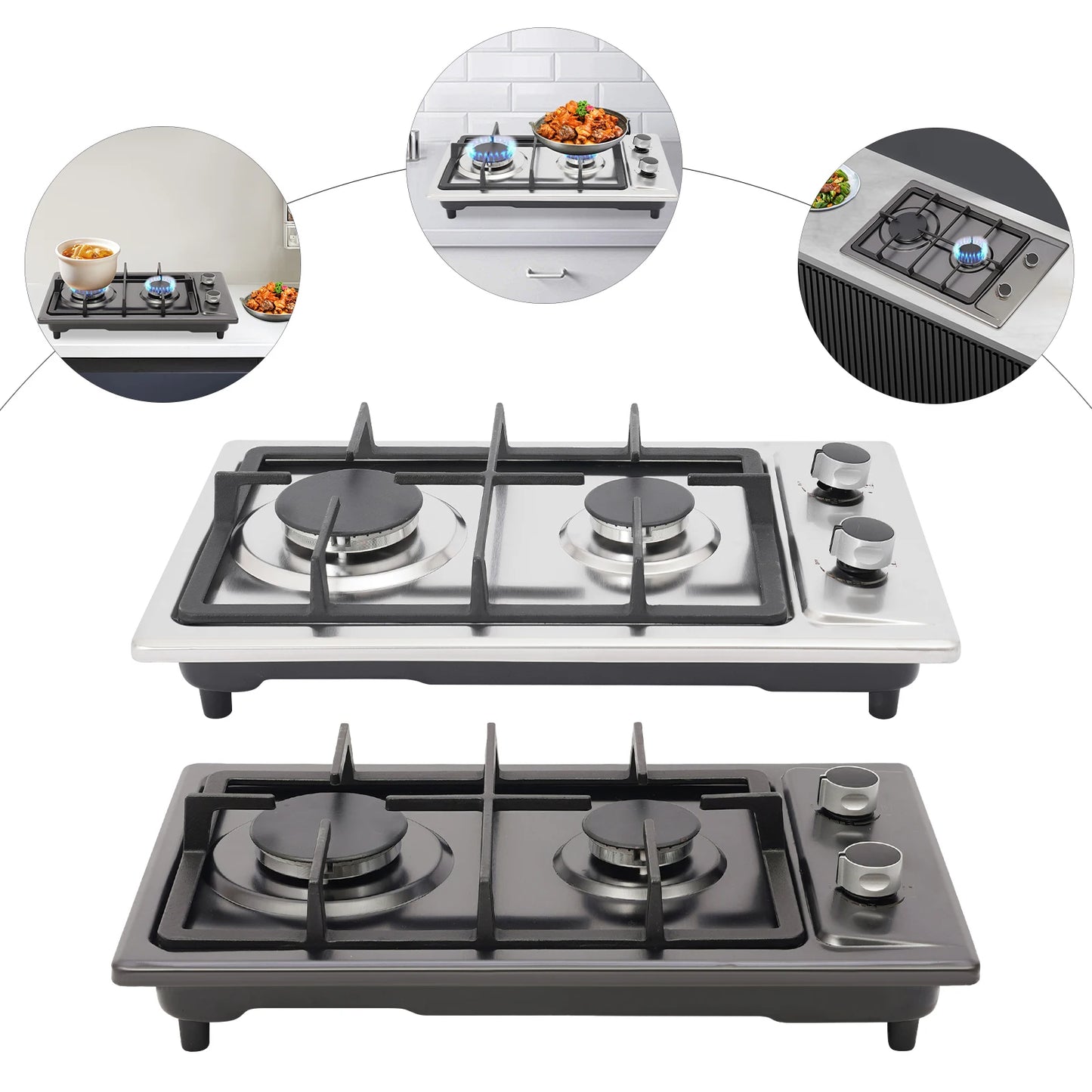 2-Burner Stainless Steel Gas Hob 3KW+1.75KW Portable Gas Stove Countertop/Flush Mounted 51*31*10cm