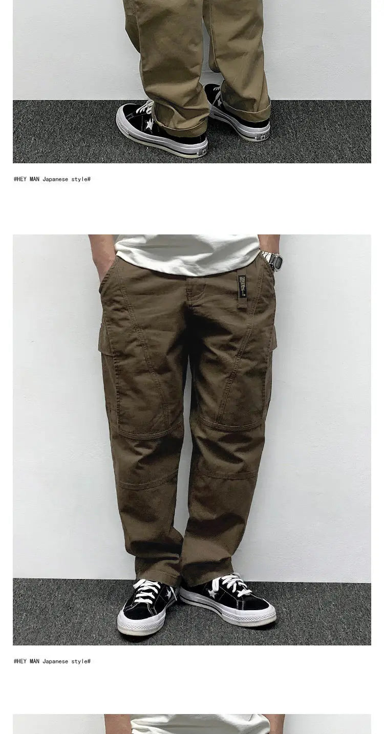 Autumn Men's Pants Multi-Pocket Cargo Pants Retro Solid Color Simple Loose Button Elastic Strap Casual Pants