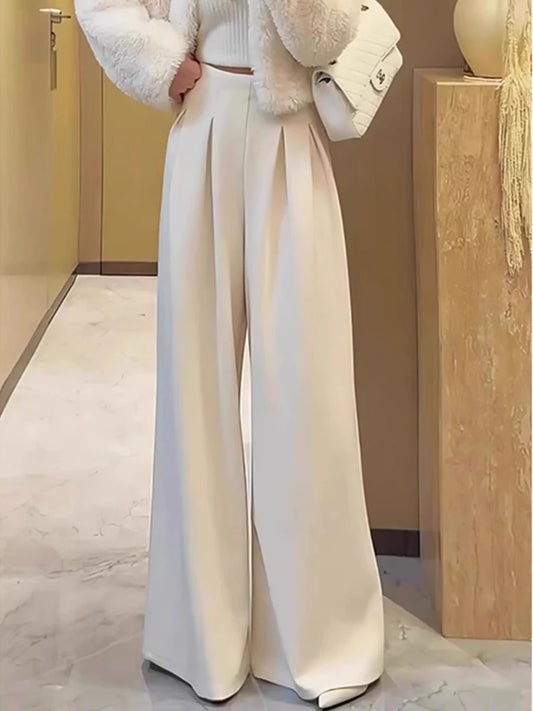 New European Retro High-end Pleated High-waisted and Thin, Super Good-looking White Drape Floor Pants for Women