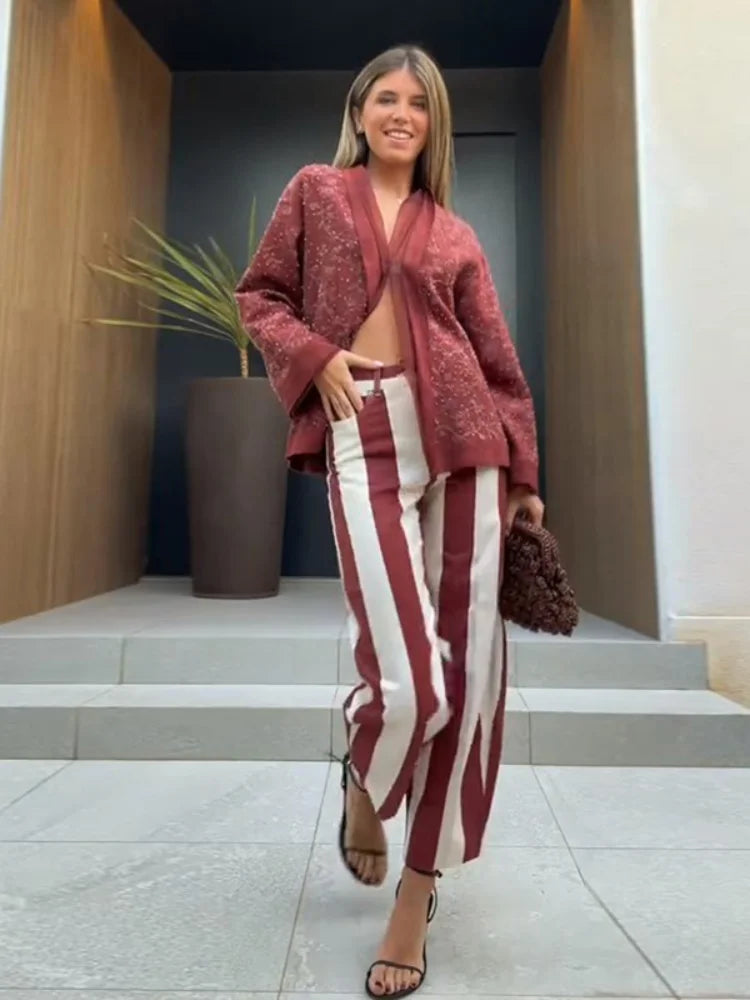 Casual Striped Women's Jeans Mid-rise Single Button Pockets Lady Curved-leg Pants 2026 Spring Summer Fashion Female Trousers