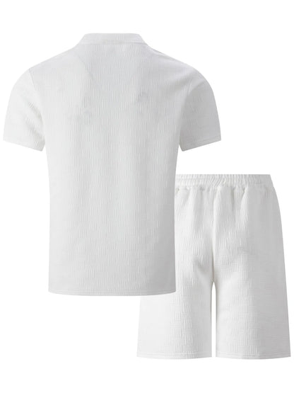 2025 summer new men's suit leisure solid color jacquard round neck fashion all-match short-sleeved T-shirt drawstring shorts set