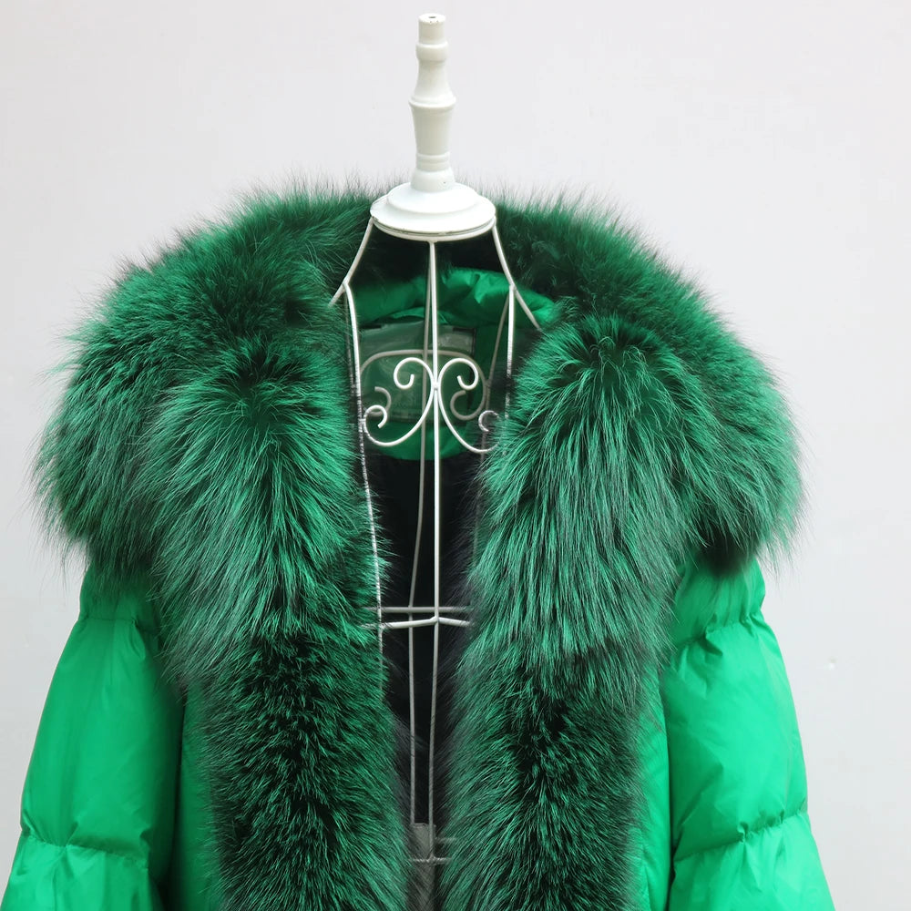 Oversized Winter Warm Real Fox Fur Collar Black Down Coat Women Puffer Outerwear Jackets 2024 Autumn Winter