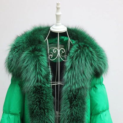 Oversized Winter Warm Real Fox Fur Collar Black Down Coat Women Puffer Outerwear Jackets 2024 Autumn Winter