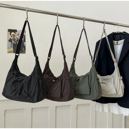 Korean Nylon Shoulder Bag Fashion Simple Plaid Zipper Tote Bag Drawstring Pleated Cloud Bag New Commuter Crossbody Shoulder Bag