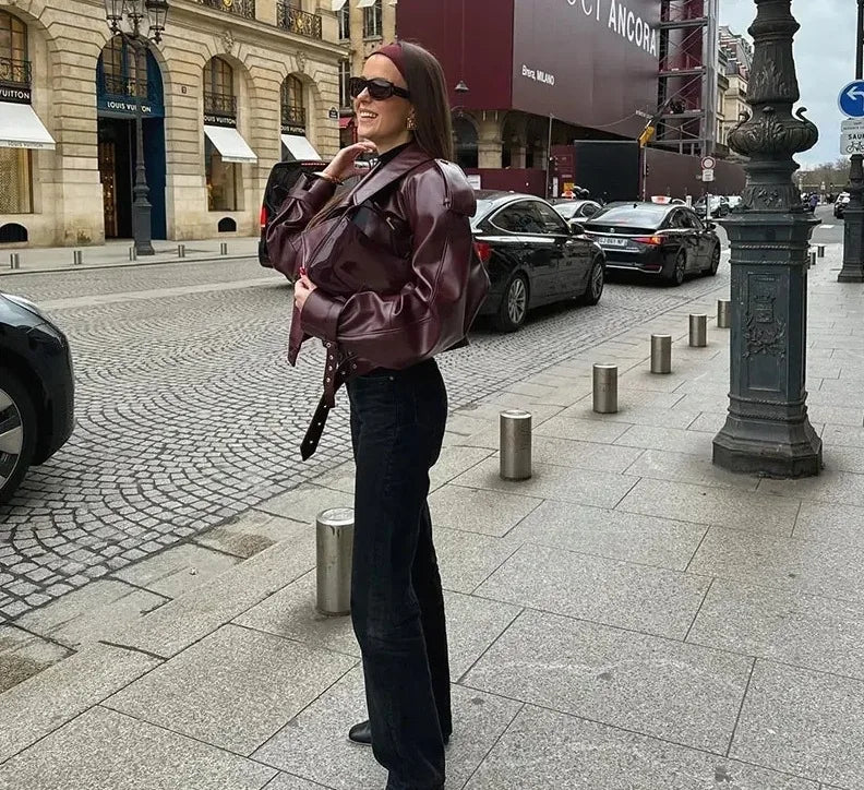 Vintage Lapel Leather Biker Jacket Women Bomber Jacket Short Coat Streetwear Zip Long Sleeve Windproof Outerwear Black Wine Red