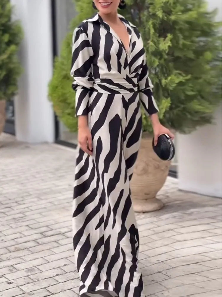 Women's Fashion Zebra Printed Wide Leg Lapel Jumpsuits Long Sleeves High Waisted Urban Trendy Office Party Jump Suits