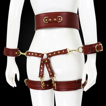 Professional BDSM Red Leather Harness Set Collar Handcuffs Restraint Kit for Women Slave Role Play Fetish Gear Adult Game Toy