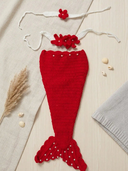 3Pcs Newborn Photography Props Baby Girl Crochet Mermaid Tail Outfit Handmade Photo Shoot Costume Bebe Headband Clothes Set