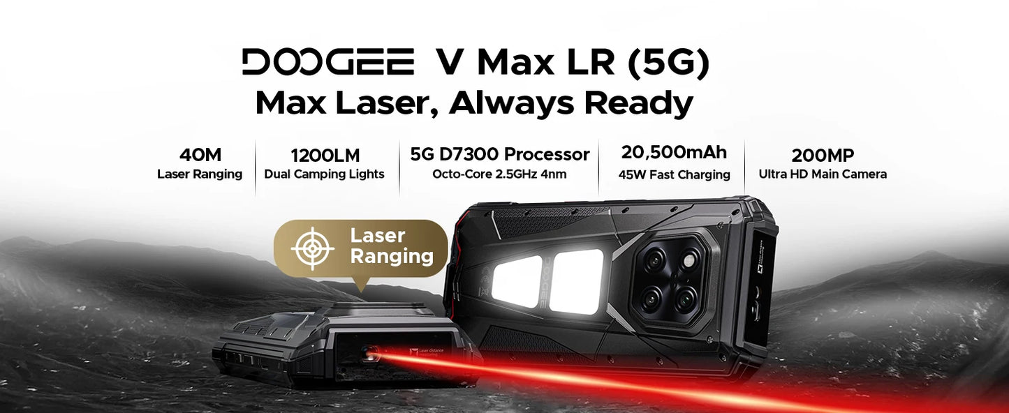 DOOGEE V Max LR 5G Rugged Phone Laser Rangefinder Dual Camping Lights 16GB 512GB ROM 6.78'' Display 20500mAh Battery Smartphone