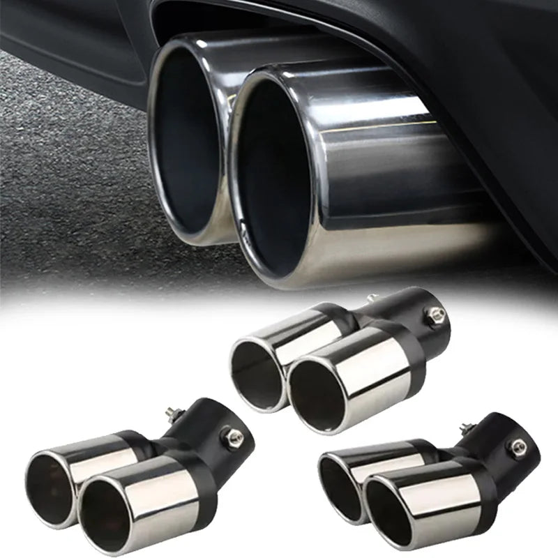 1PCS 2.5" Inlet Decoration Chrome Tail Pipe Car Styling Car Exhaust Trim Muffler Pipe Tail Stainless Steel Curved Double Outlet
