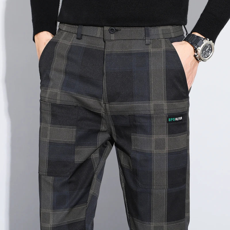Autumn Winter Luxury Plaid Check Pattern Casual Pants Men Thick Business Elastic Waist Slim Fit Korean Pocket Long Trousers Male