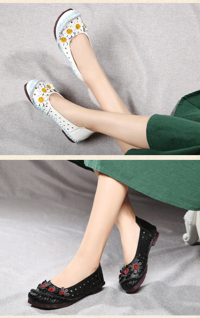 Vintage Flower Moccasins Woman Genuine Leather Ballet Flats Ladies Hollow Slip Ons Women's Luxury Loafer Purple Walking Shoes 42