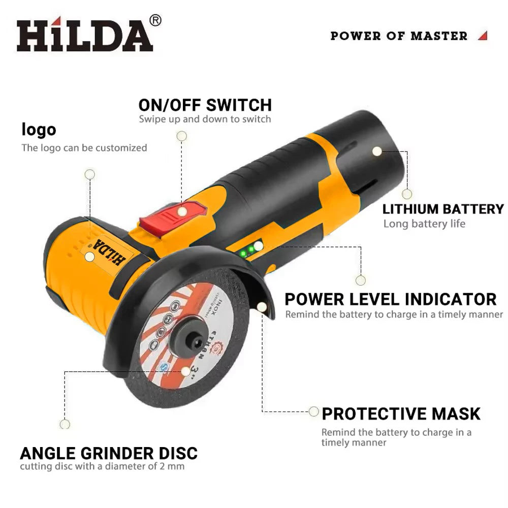 HILDA 12V Mini 3 Inch Brushless Electric Angle Grinder Micro Lithium-ion Polisher Diamond Cutting And Grinding Machine Men Gift