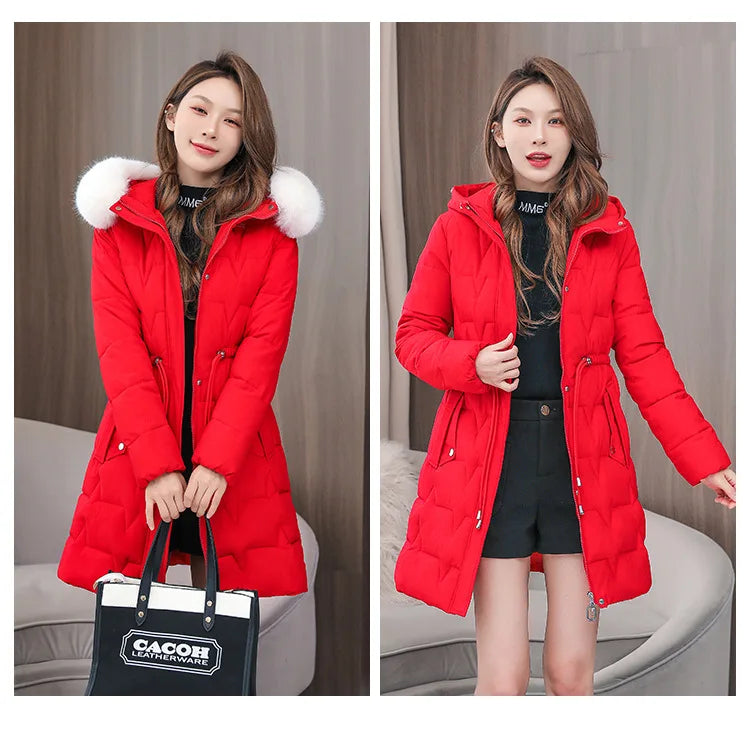 Hooded Women Parkas Coats Mid LenthJackets  Oversize Solid Fur Collar Zipper Drawstring Waist Loose Casual 2025 Autumn Winter