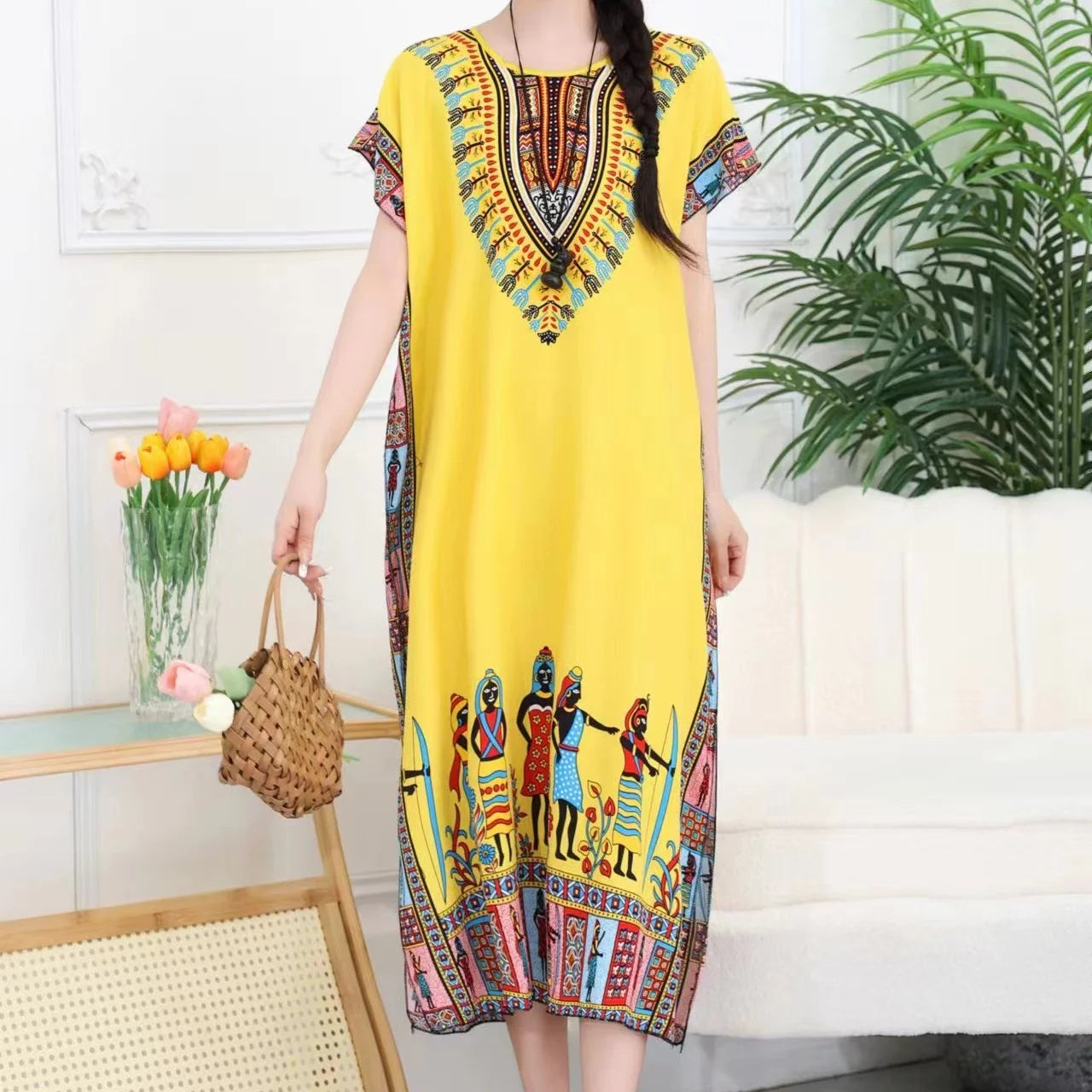 Casual Elegant Bohemian Printed Ethnic Style Retro Floral Woman Summer Street Wear Batwing Sleeve Loose Tunic Maternity Dress