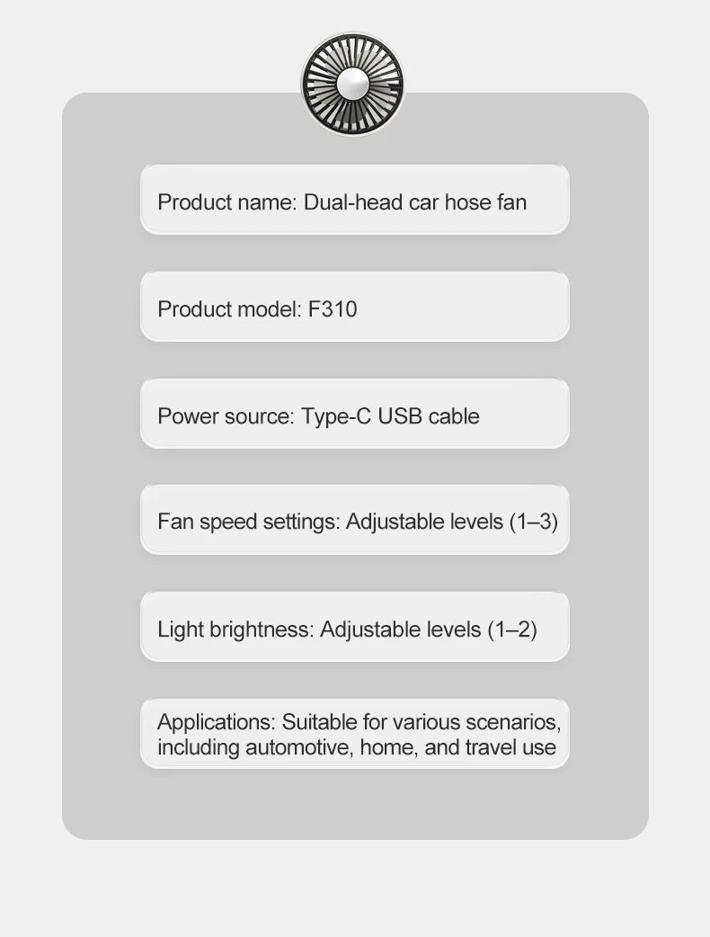 EAFC 3-speed Car Seat Back Cooling Fan USB Charge Dual Head Fan LED Lighting 360 Degree Rotation Neck Cooler for Home Use Travel