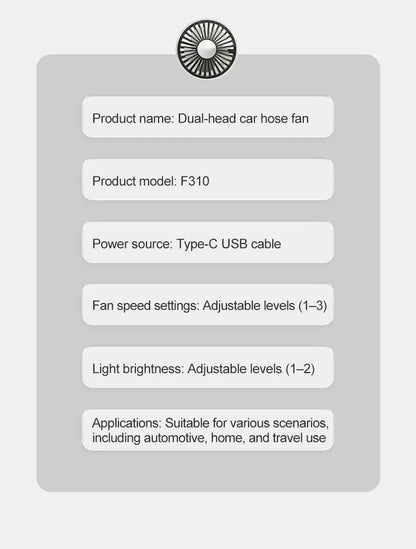 EAFC 3-speed Car Seat Back Cooling Fan USB Charge Dual Head Fan LED Lighting 360 Degree Rotation Neck Cooler for Home Use Travel