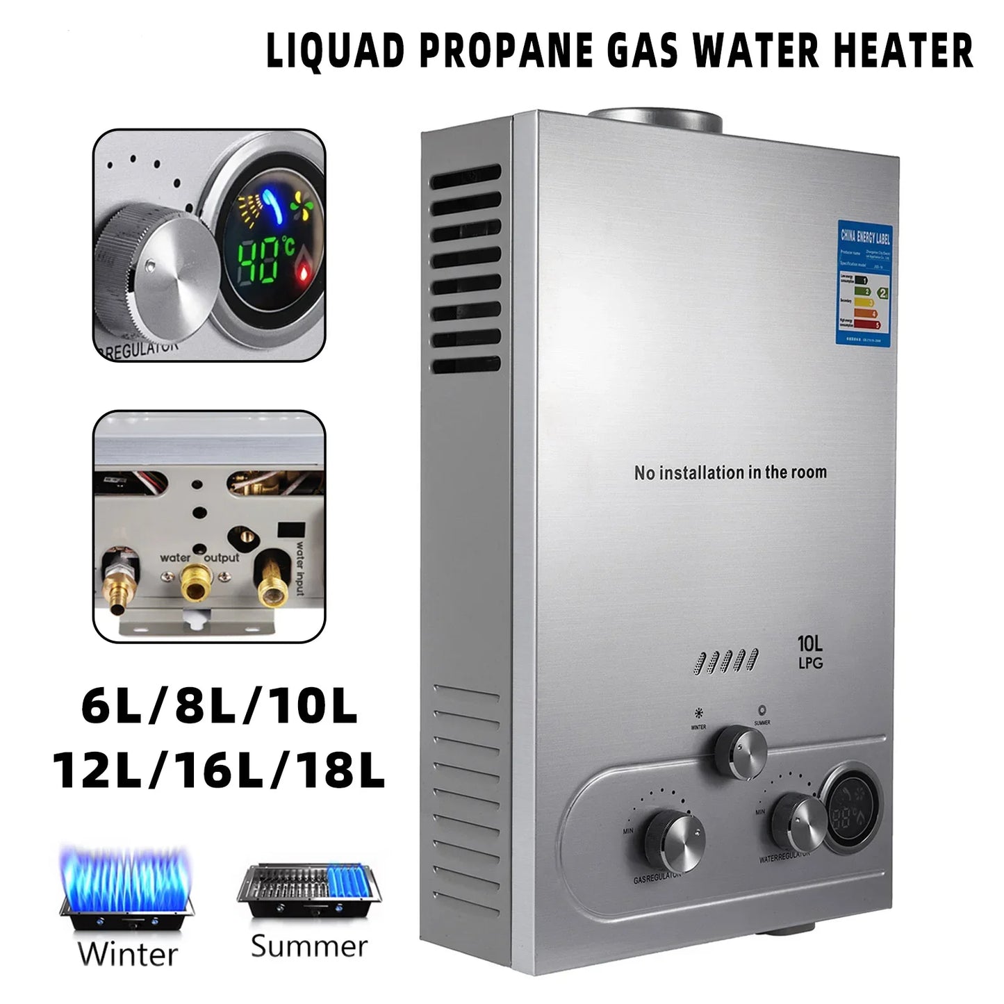 LPG 6L/8L/10L/12L/16L/18L Wasser Heizung 36KW Instant Liquefied Petroleum Gas Wasser heizung Edelstahl Kessel Kit Portable