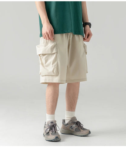 2025 Summer New Japanese Style Large Size Thin Shorts Men Loose Knee Cargo Shorts Hip Hop Streetwear Male Short Trousers