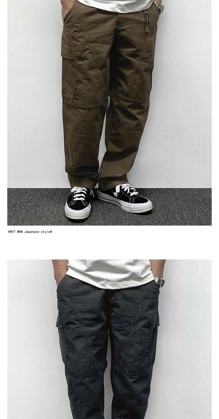 Autumn Men's Pants Multi-Pocket Cargo Pants Retro Solid Color Simple Loose Button Elastic Strap Casual Pants