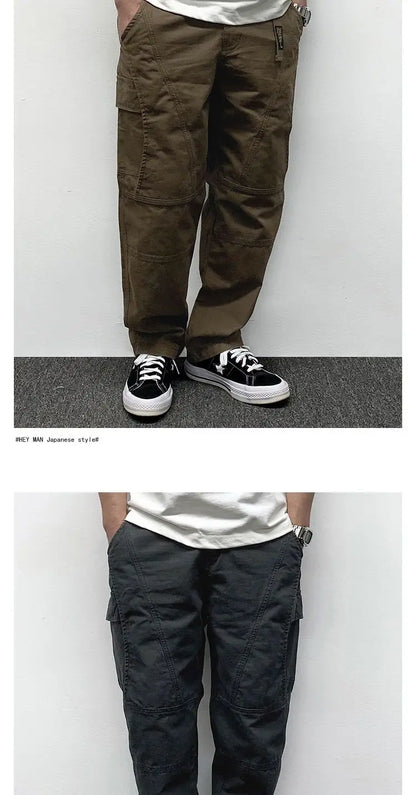 Autumn Men's Pants Multi-Pocket Cargo Pants Retro Solid Color Simple Loose Button Elastic Strap Casual Pants
