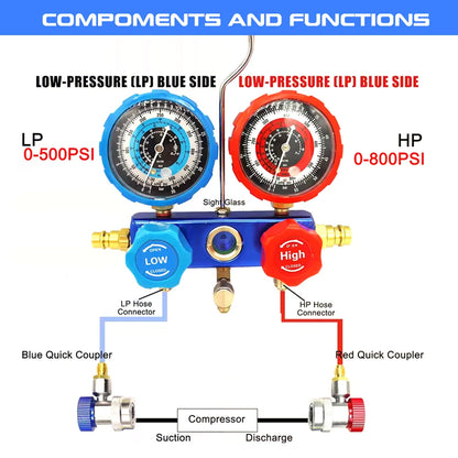 Podofo AC Manifold Gauge Set Car Air Conditioning Refrigerant Charging Tool AC Manifold Gauge Set with Hoses with Storage Box