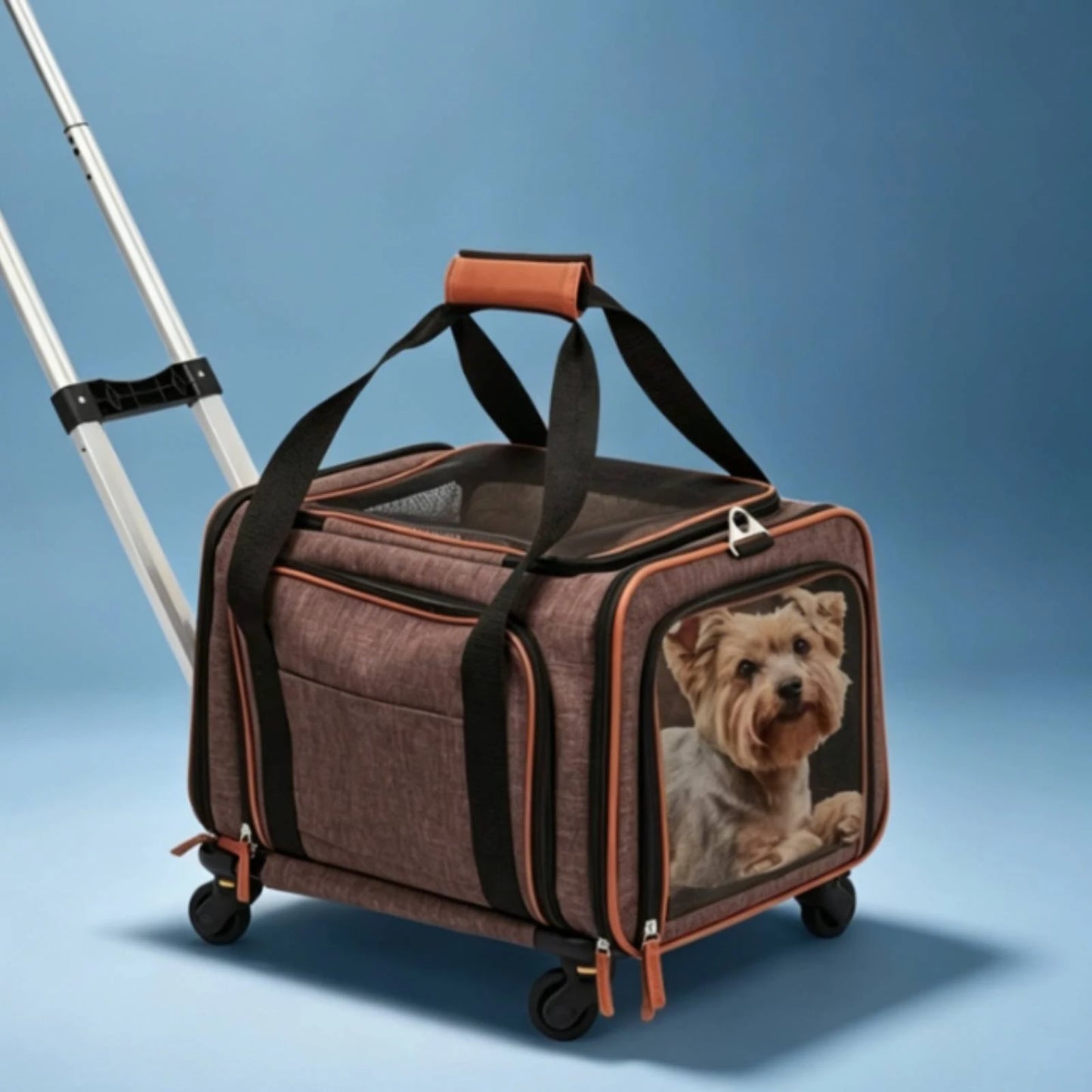Rolling Mesh Pet Carrier Soft-sided Animal Carrier Breathable Mesh Windows Telescoping Handle for Convenient Transport