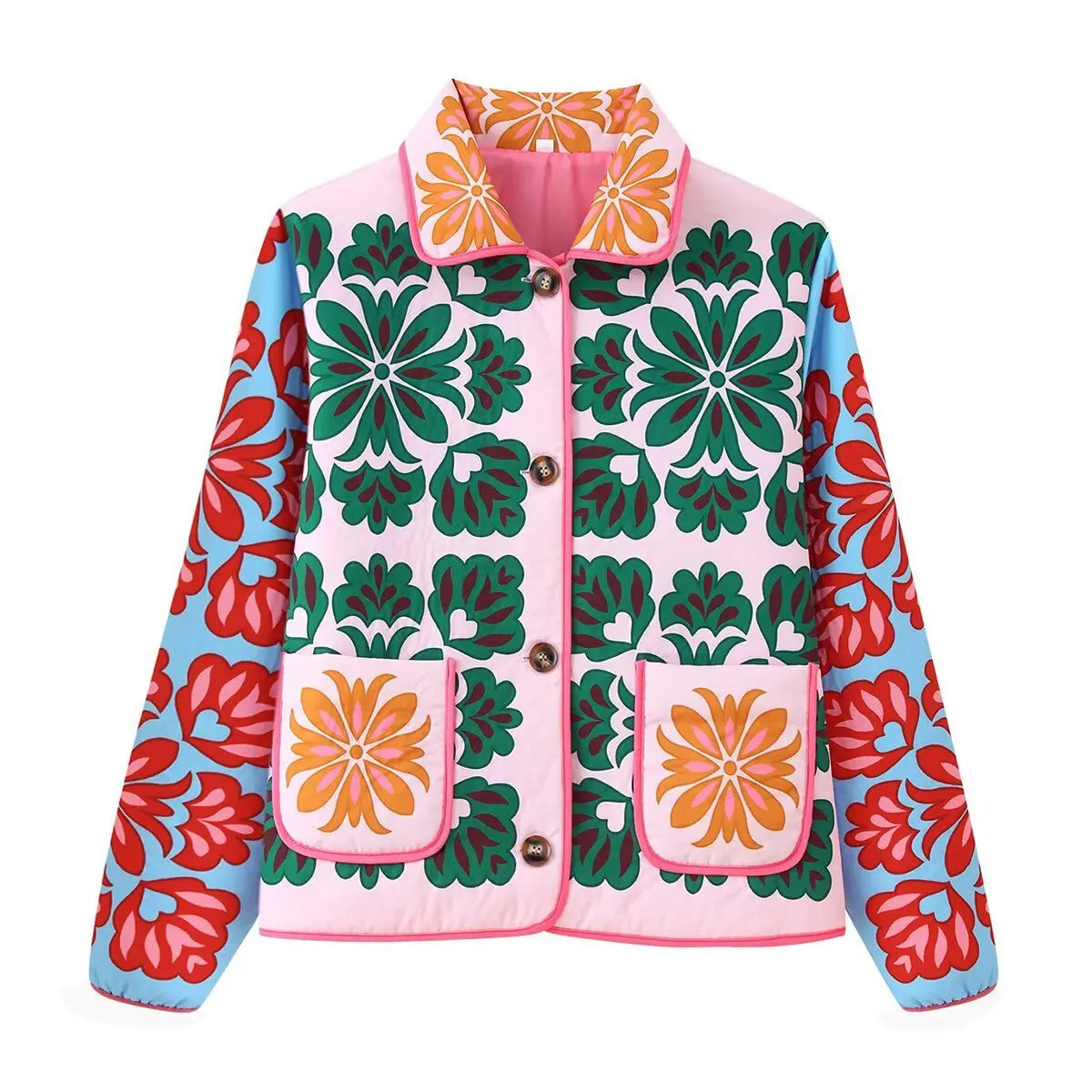 Women's Fashion Print Panelled Quilted Cotton Jacket Long Sleeve Pocket Cardigan Coat 2025 Autumn Winter Daily Casual Outerwear