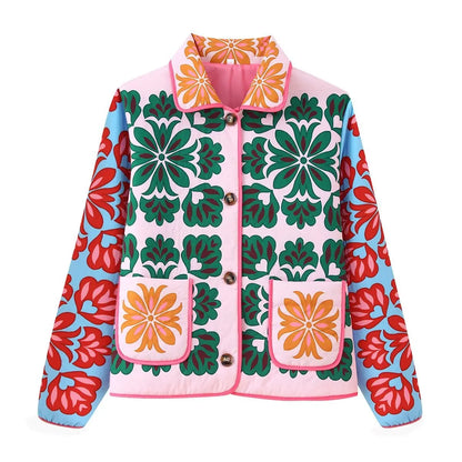 Women's Fashion Print Panelled Quilted Cotton Jacket Long Sleeve Pocket Cardigan Coat 2025 Autumn Winter Daily Casual Outerwear