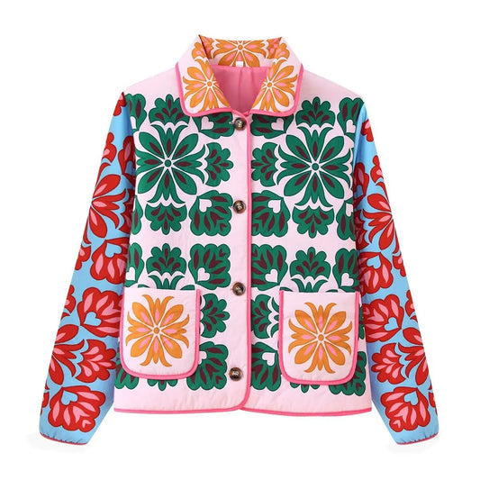 Women's Fashion Print Panelled Quilted Cotton Jacket Long Sleeve Pocket Cardigan Coat 2025 Autumn Winter Daily Casual Outerwear