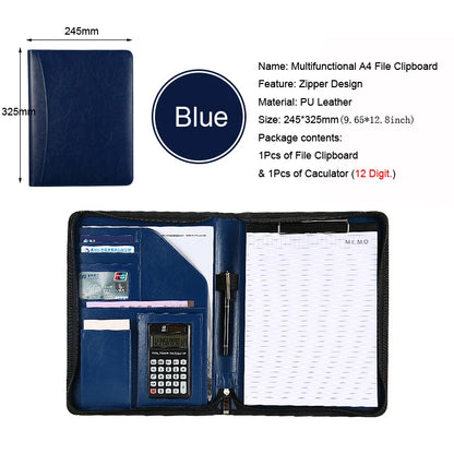 Executive Business A4 Leather Portfolio Folder Clipboard for Zippered Desk Organizer Document Briefcase Calculator for Office
