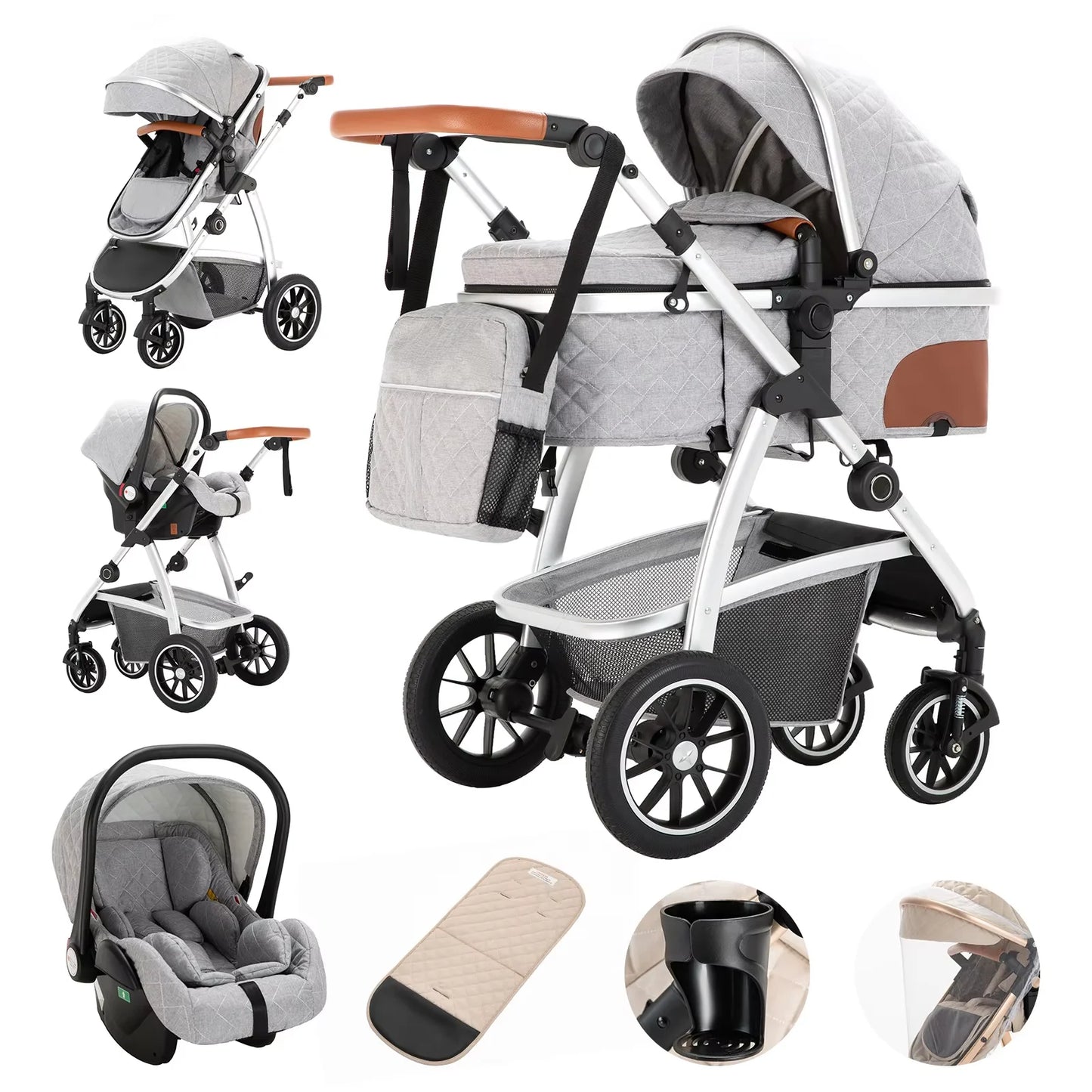 Baby Stroller 3 in 1 Easy Folding Multifunctional Stroller Travel Portable Baby Carriage Safety Seat EU Standard Aluminum Frame