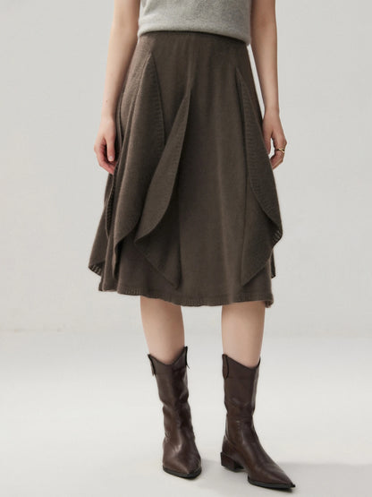 French 100% Pure Cashmere Skirt Ruffle Irregular A-line Soild Midi Sirt Autumn Winter Women Elegant Pleated  Knit Dress Fashion